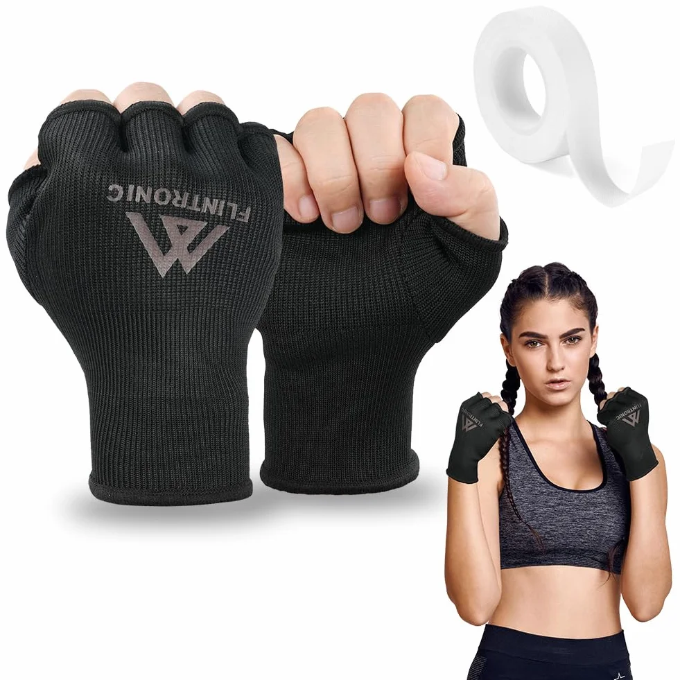 Flintronic Wewnętrzne rękawiczki bokserskie, wsparcie do połowy palców, elastyczne bandaże pod rękawicami, ochrona pięści, idealne do MMA, muay thai, kickboxingu, sportów walki, treningu i sportów