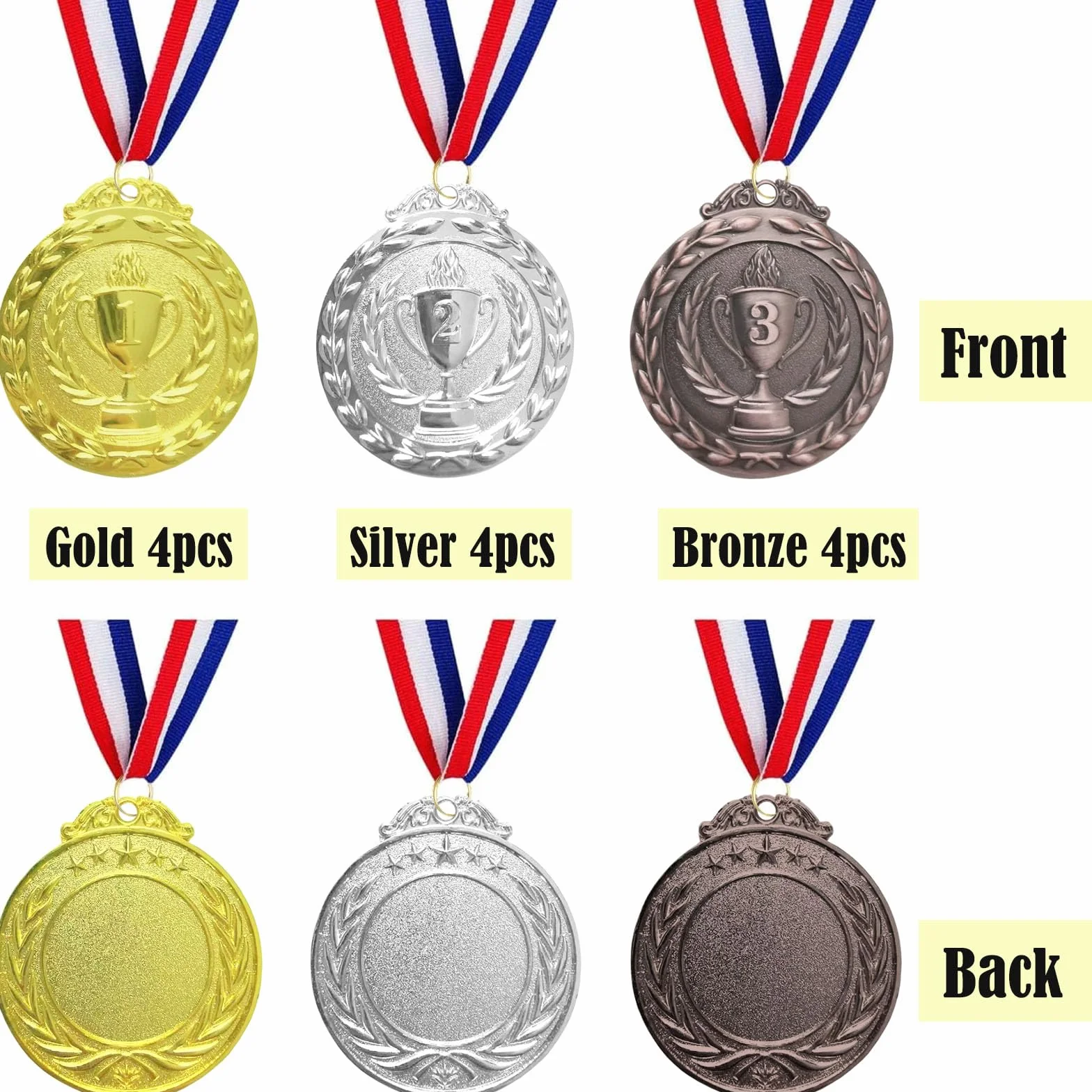 12 sztuk medali nagród, złote srebrne brązowe medale ze wstążkami na szyję, nagroda dla dzieci, medale zwycięzcy na zawody, imprezę, sport, styl olimpijski