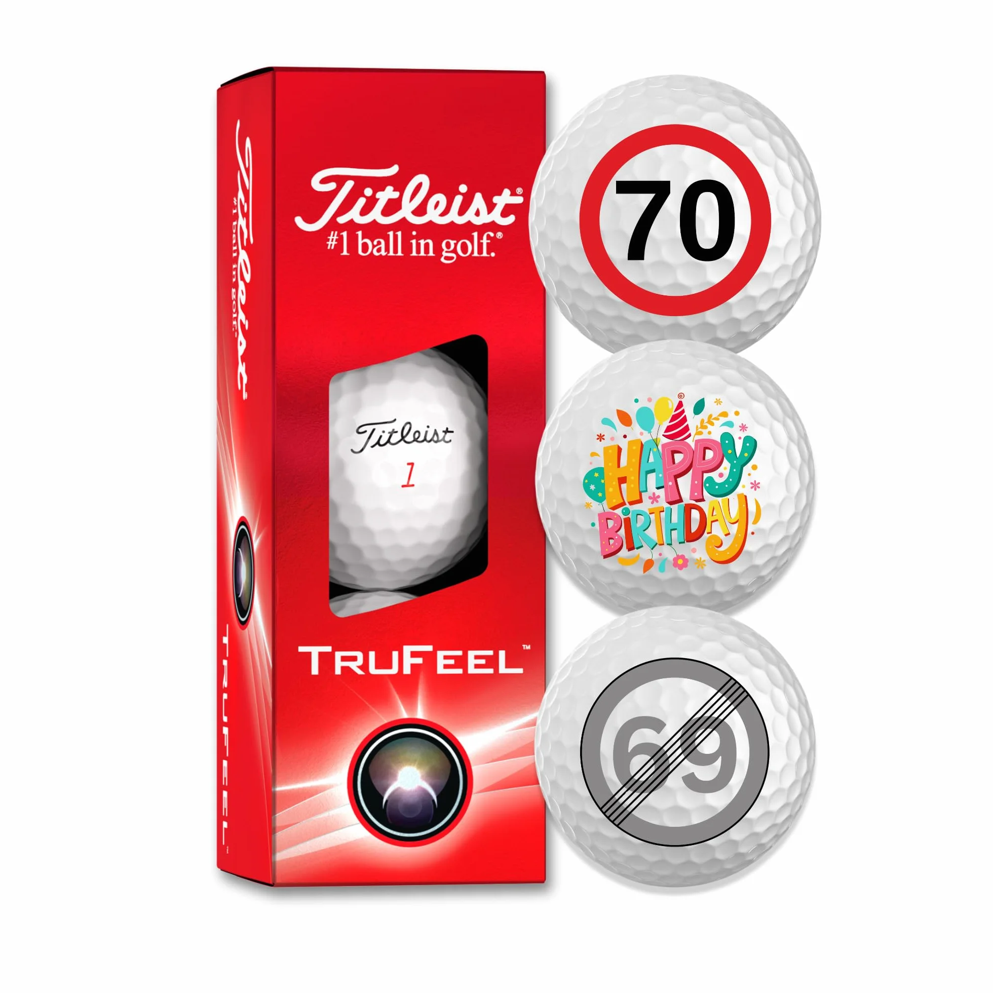 Titleist Trufeel urodziny piłki golfowe, zestaw 3 sztuk, motyw Happy Birthday, prezent dla golfistów, pomysł na prezent