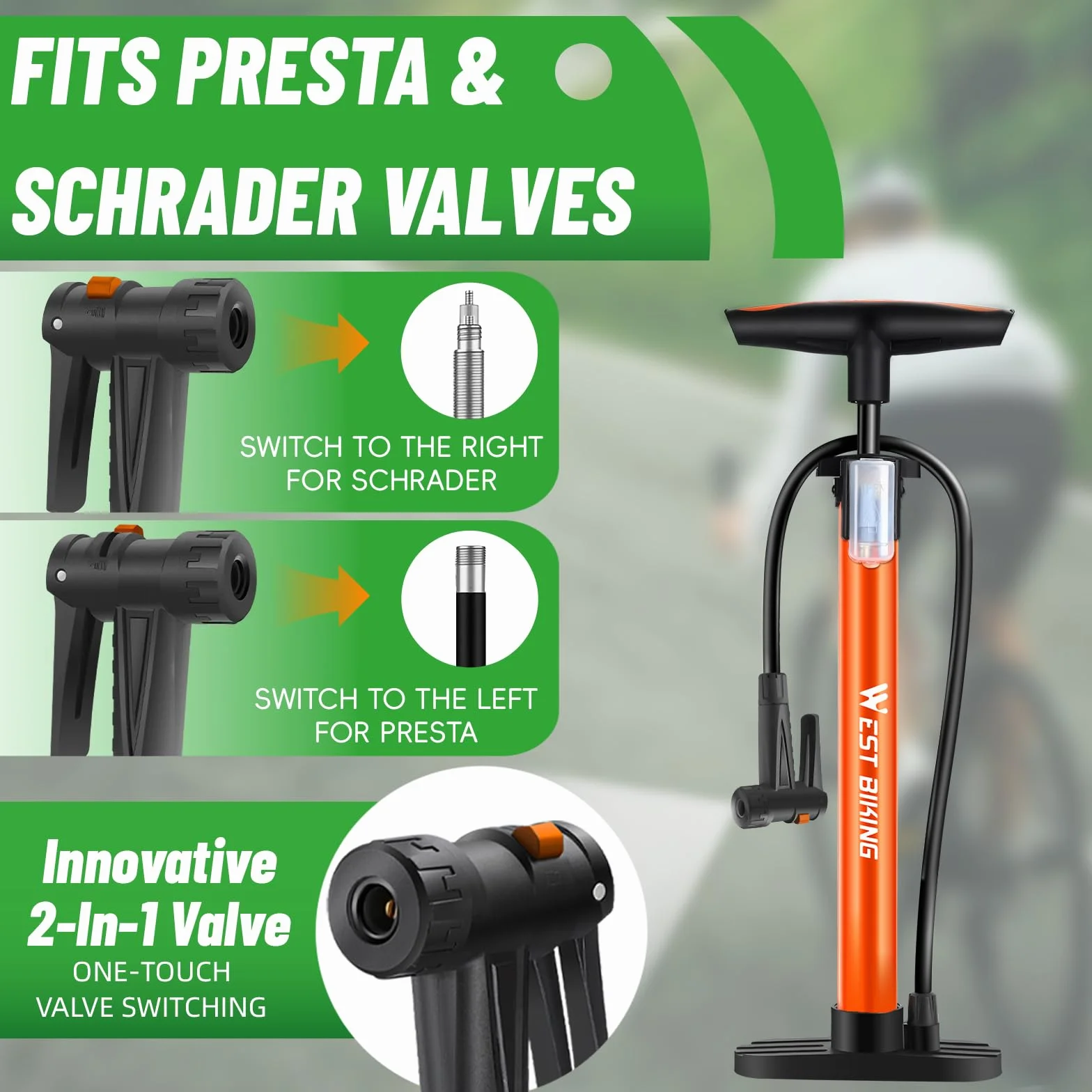 Pompka rowerowa stojąca 11 bar 160 psi do wszystkich wentyli z adapterem
