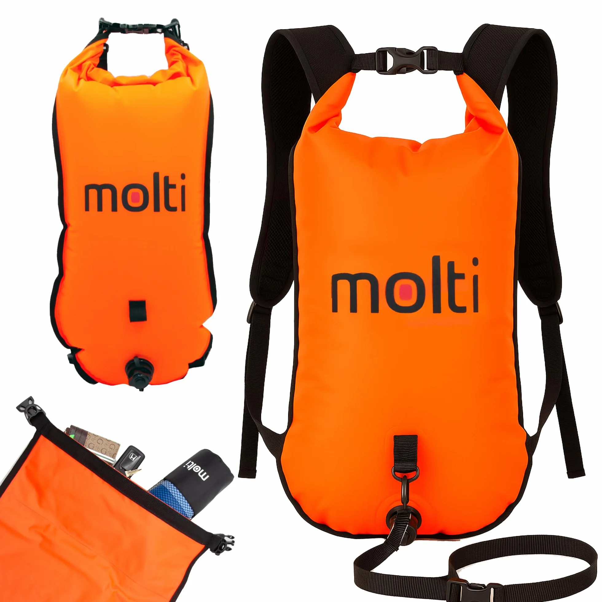 molti Boja do pływania 2 w 1, 15 l, 28 l, boja Pull Boja dla dorosłych, Baywatch Boja, pomarańczowa, bezpieczeństwo podczas pływania, na otwartej wodzie i triatlonie (BA003, pomarańczowy, 28 l)