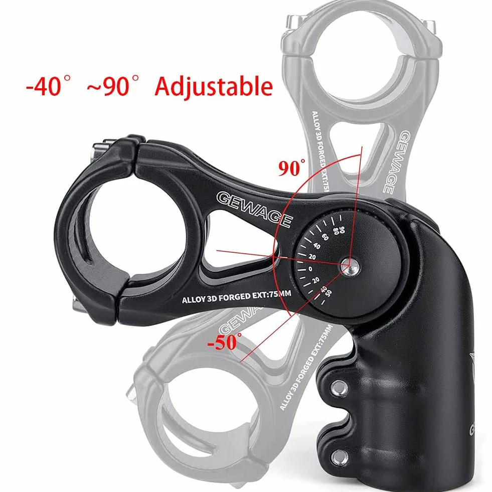 GEWAGE Regulowany Wspornik Kierownicy MTB/Szosowy/BMX – Podniesienie Kierownicy -130° do +90°, 75/95/130 mm, 31,8 mm, Aluminium 3D – Sportowa lub komfortowa jazda