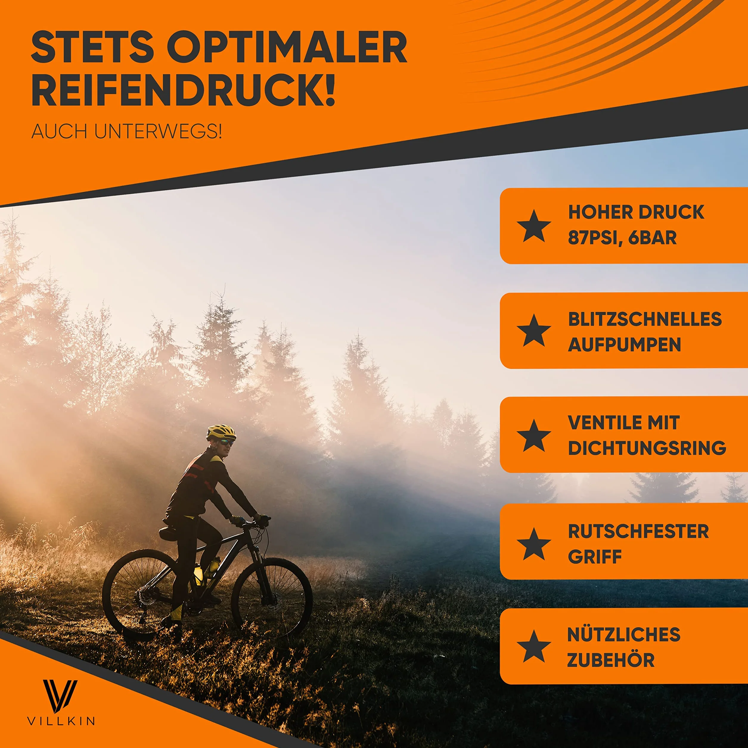 Villkin Pompa rowerowa 87 psi do wszystkich zaworów – w zestawie adaptery do (SV) Presta, (AV) Schrader, (DV) Dunlop i piłek – pompa kompatybilna z rowerami górskimi, wyścigowymi, BMX i innymi