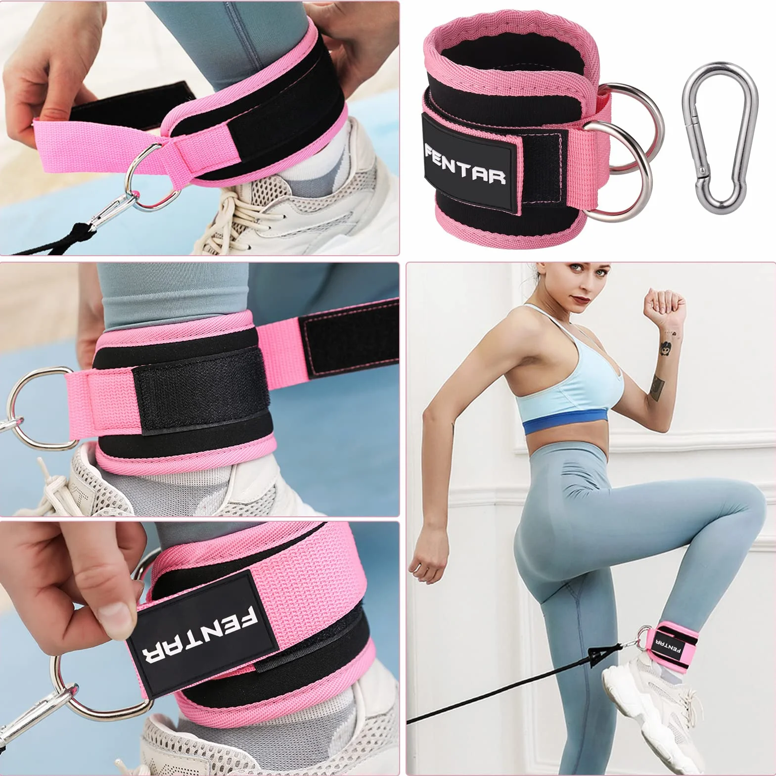 Fentar Regulowane opaski na kostkę do wyciągu, wygodne, na siłownię, podwójne klamry w kształcie litery D, wyściełane, do ćwiczeń nóg, fitnessu, na rzepy (2 szt., różowe)