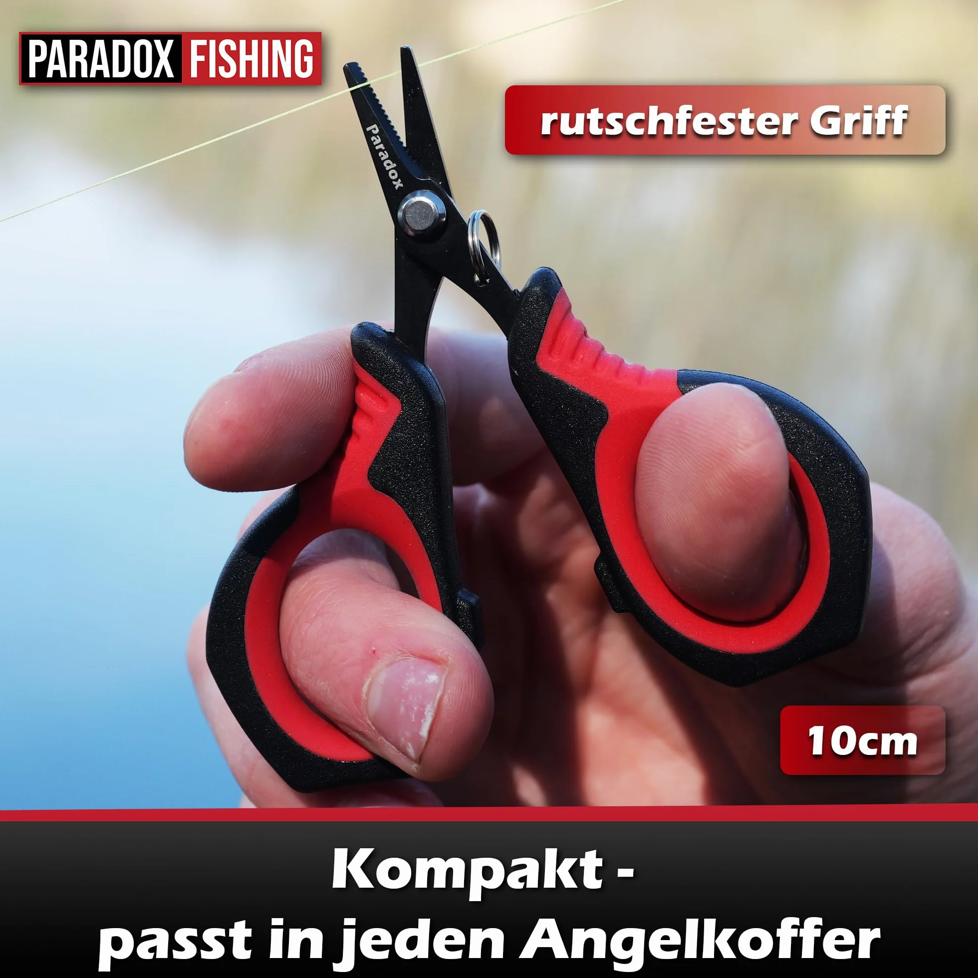Paradox Fishing Nożyce wędkarskie Premium ze stali węglowej – bardzo ostre nożyce do żyłek z mikroząbkami do plecionych sznurków, stali i mono – kompaktowa konstrukcja (10 cm) w kolorze sygnałowym