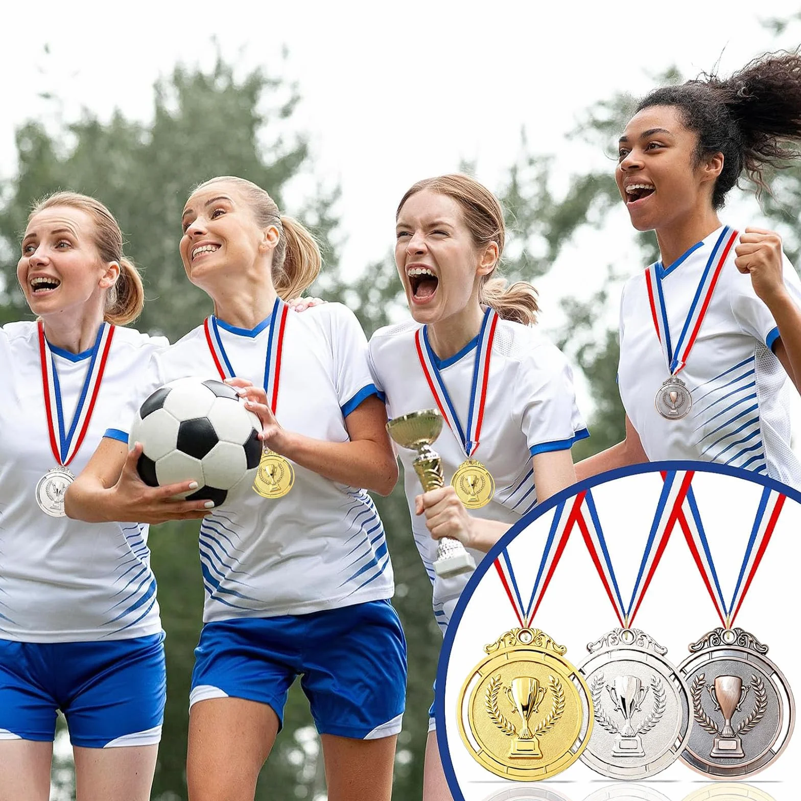 12 sztuk medali nagród, złote srebrne brązowe medale ze wstążkami na szyję, medale nagrody dla dzieci, na zawody, imprezy, sport, styl olimpijski