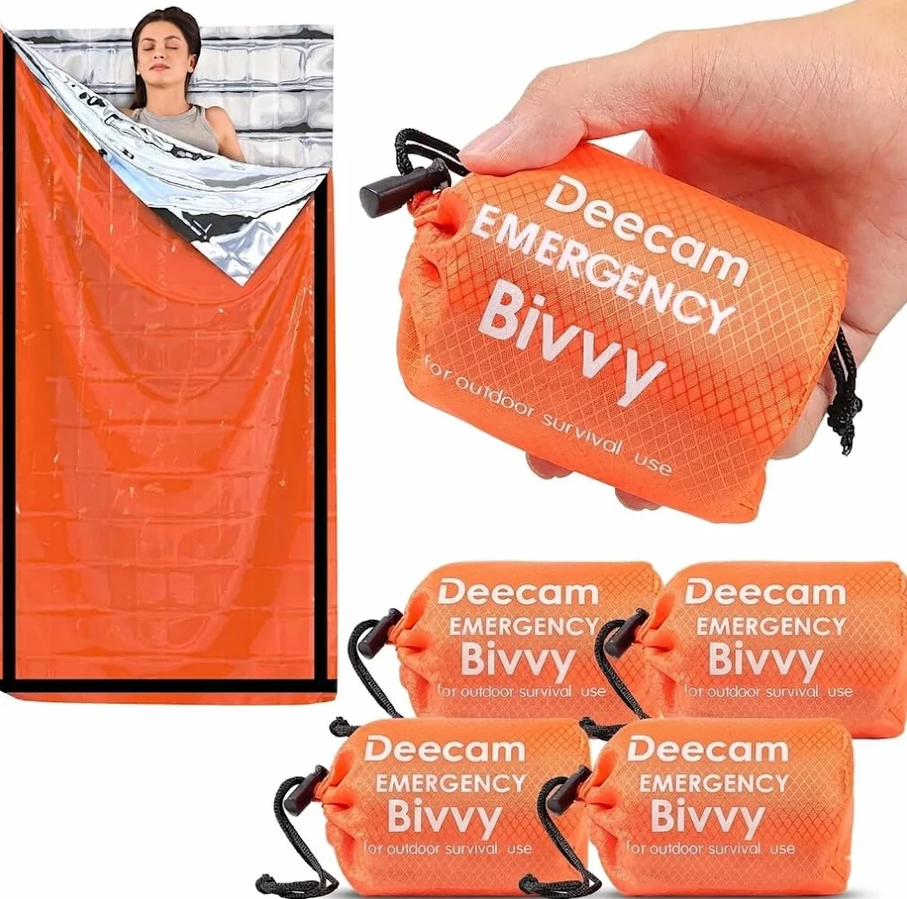 Deecam 4-częściowy śpiwór awaryjny, koc survivalowy wielokrotnego użytku, koc do izolacji termicznej pierwszej pomocy na zewnątrz kemping piesze wycieczki podróżowanie